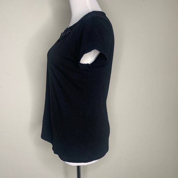 LOFT Black T Shirt Embellished Sequin Bead Front Detail Sz Medium Petite - Picture 3 of 8